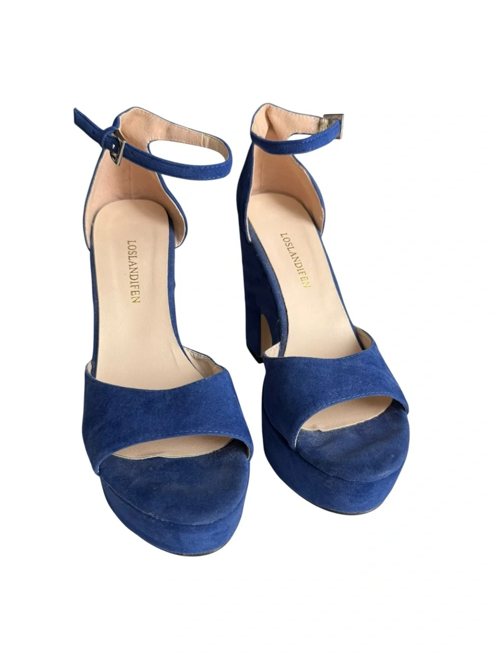 LOSLANDIFEN Chunky Block Heel Peep Toe Ankle Strap Blue Size 8.5 EUR 39 Formal